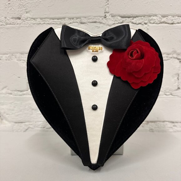 Moschino Handbags - AW22 MOSCHINO Couture Jeremy Scott Black Tuxedo Groom Bow Tie Heart Shaped Bag